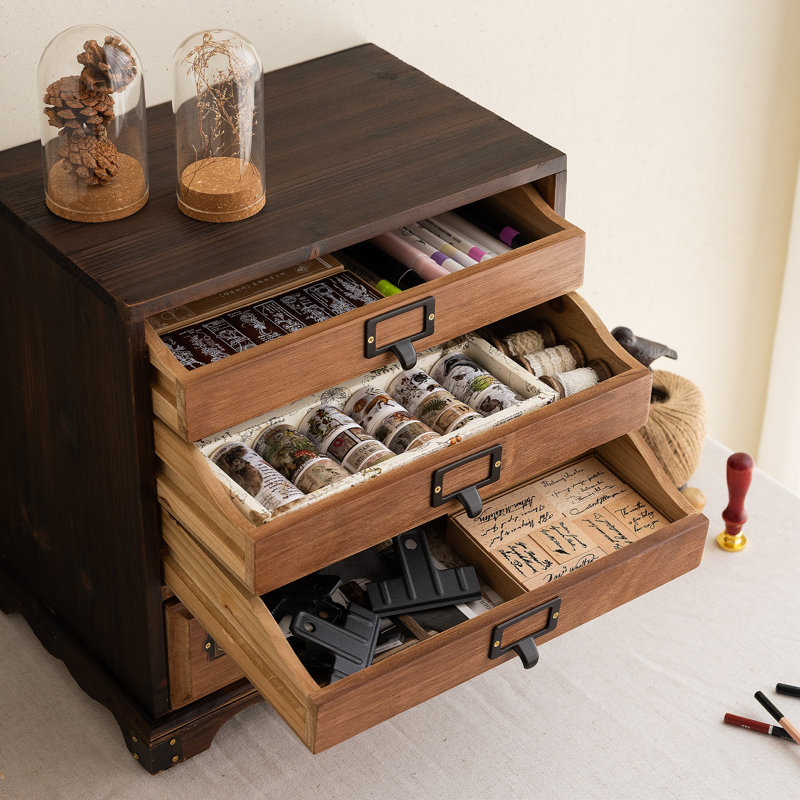 Organiseur de bureau vintage en bois massif à 4 tiroirs, 35,5 cm de large