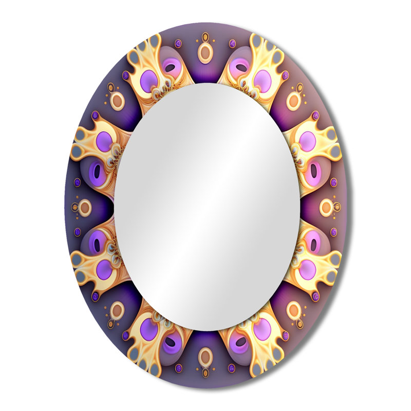 Ethereal Fractal Mandal In Purple And Yellow - Geometric Oval Decorative Mirror On Metal, 43" x 33"