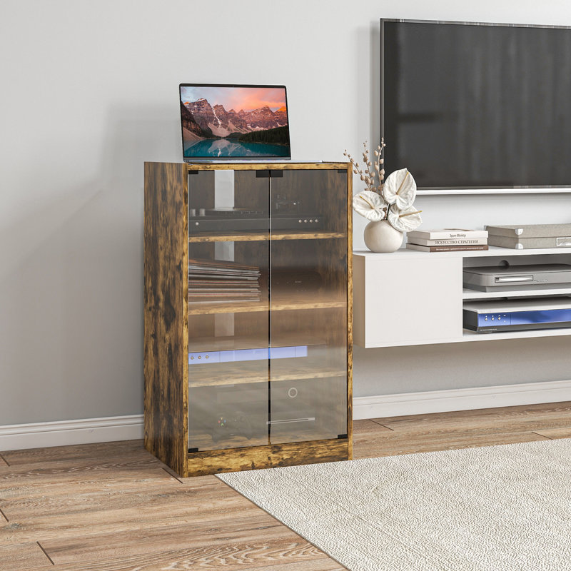 Armoire multimédia, armoire stéréo à 4 niveaux, meuble audio-vidéo moderne avec tablettes réglables, portes en verre trempé et gestion des câbles, bois