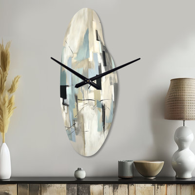 Beige And Grey Unbounded Creativity II - Abstract Painting Asymmetrical Metal Wall Clock, Modern Curved Wall Clock Print