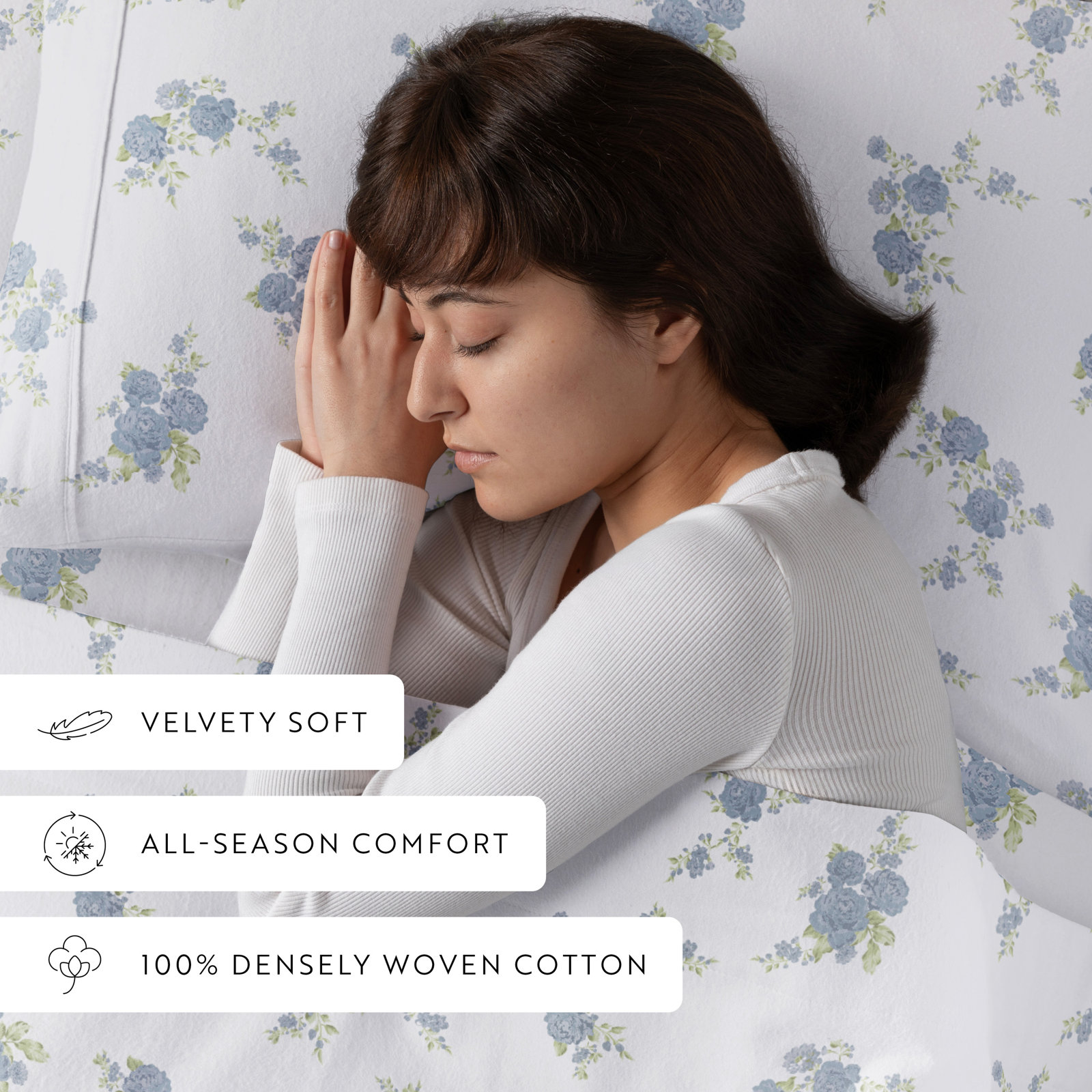 Cotton Flannel Sheet Set, Light Blue/Roses, California King Sheet Set