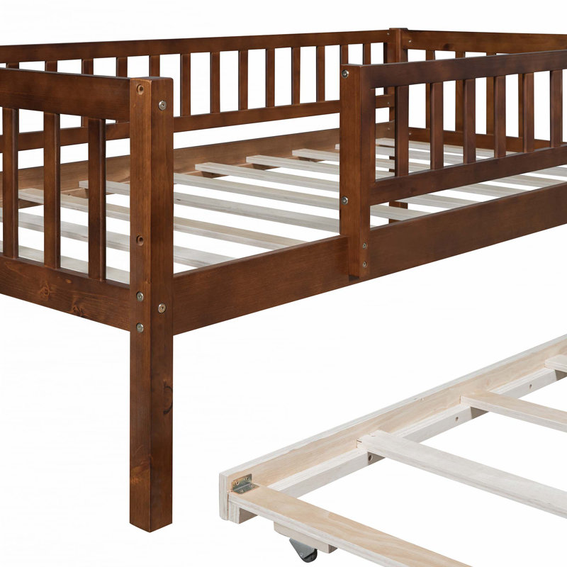 Wood Daybed with Trundle and Fence Guardrails, Walnut, Twin