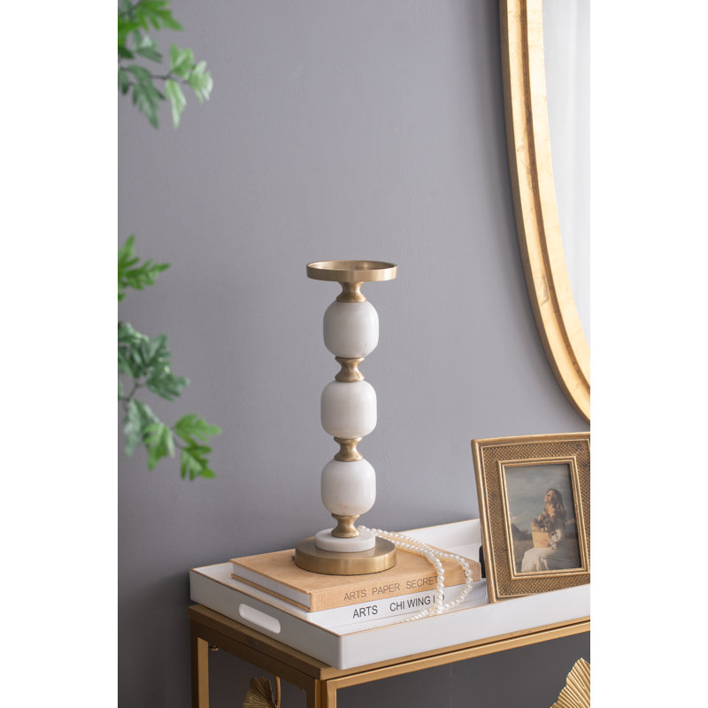 15" Gold and White Marble Metal Pebble Pillar Holder