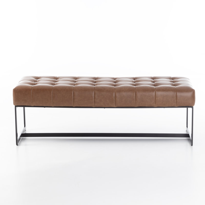 Owen 51" Wide Tufted Iron Frame Genuine Leather Bench, Cognac