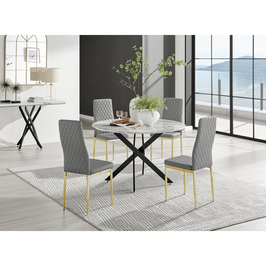 Tierra Modern Chrome Metal & Glass Round Dining Table Set with Faux Leather Chairs