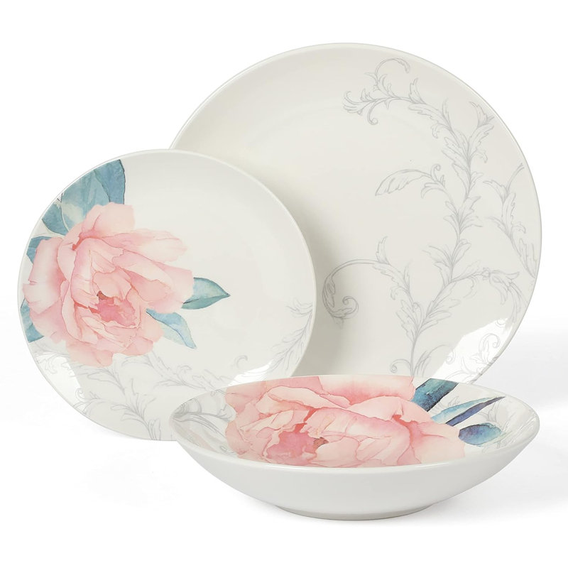 Martha Stewart Peony 12 Piece Round Fine Ceramic Dinnerware Set in White and Pink