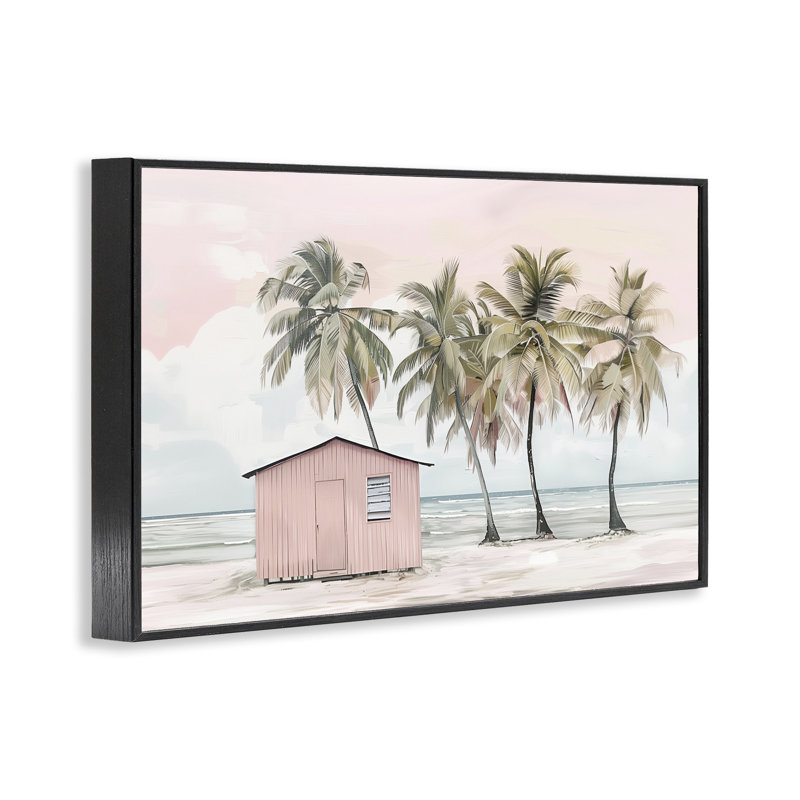  «Pink Beach Hut & Palms», estampe numérique par Arlington Prints, H 20 po x l 30 po, Giclée encadrée noir minuit