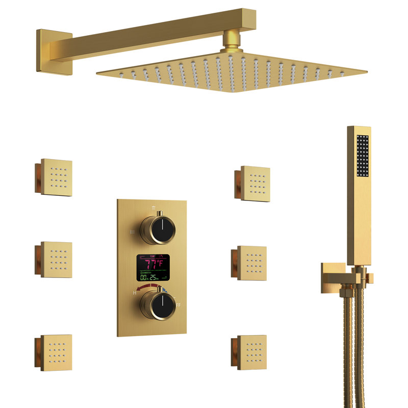 Wall Mounted Digital  Shower System , 12"  High Pressure Rainfall Shower Head with Handheld Shower, Brushed Gold