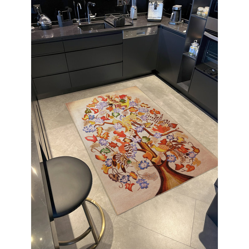 Tapis décoratif beige à motif d'arbre et de fleurs à motif abstrait beige, Rectangle 5 pi x 9 pi 11 po