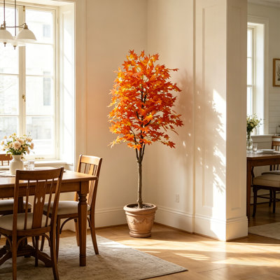 Érable artificiel de 5,3 pi avec des feuilles réalistes luxuriantes, décor de plante orange vif et faux avec un tronc réaliste, utilisation intérieure / extérieure pour la maison, le bureau, le jardin, le porche ou les décorations saisonnières, plantes artificielles pour la décoration intérieure avec pot en plastique