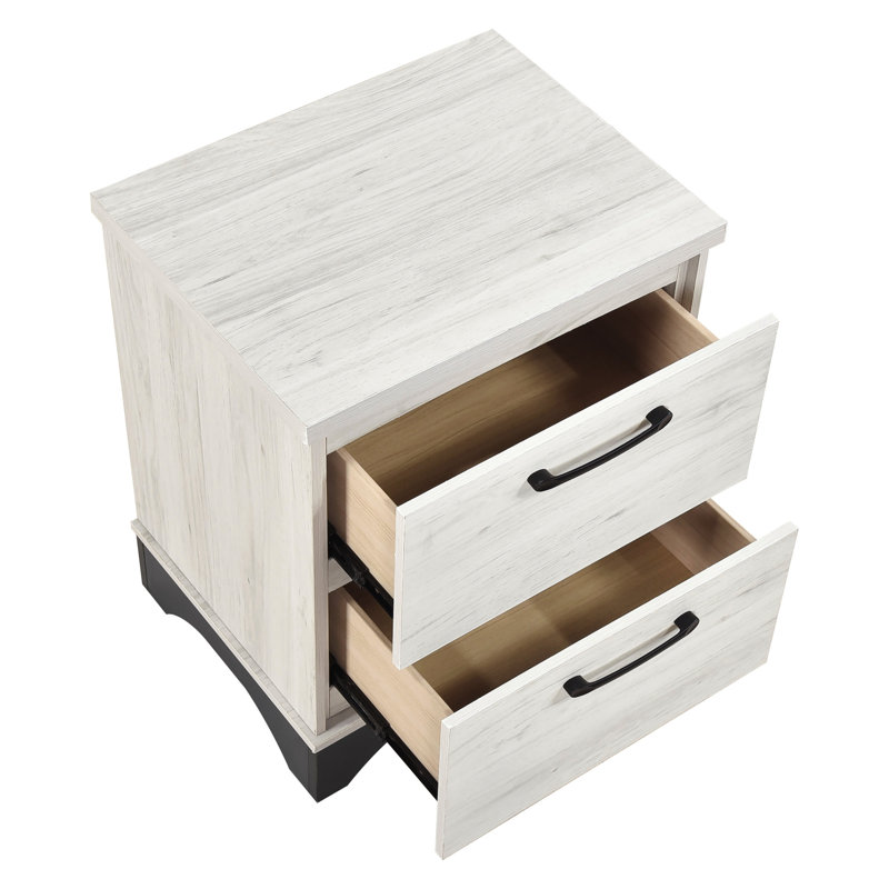Table de chevet contemporaine bicolore chêne blanc et gris pour 2 chambres, glissières à roulement à billes, poignées noires décoratives, montage facile. Meuble de chevet avec 2 tiroirs gris, glissières, assemblage requis.