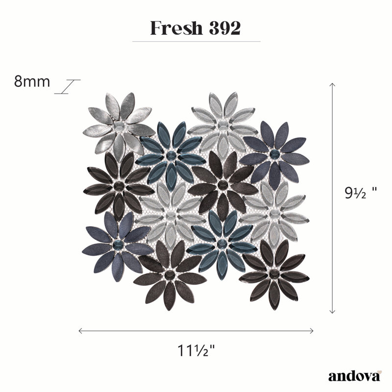 Fresh 12" x 10" Glass/Stone/Aluminum Flower Pattern Mosaic Wall Tile, Qerbera