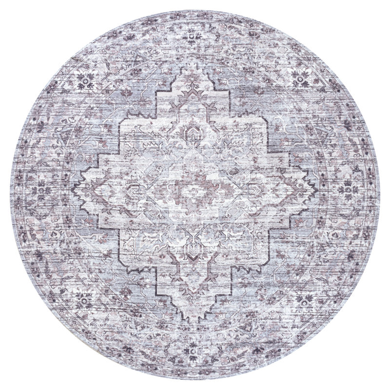 Didim Boho Medallion Machine-Washable Gray/Purple Rug, Round 7'10"