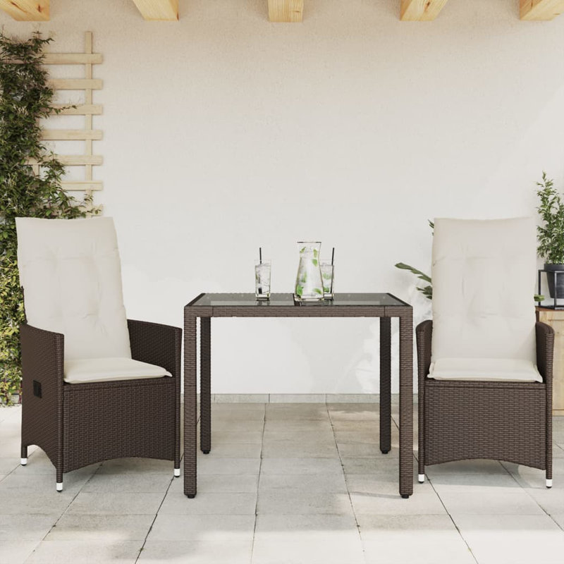  Ensemble bistro 3 pièces avec coussins en rotin de polyester brun, Sans repose-pieds, 29.5" H x 35.4" W x 35.4" D, 2
