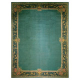 1920s Green Open Field Roses Border Antique Donegal Arts Crafts Woven Carpet Rug