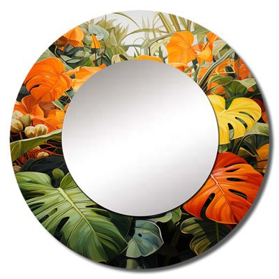 Orange Green Tropical Foliage II - Botanicals Wall Mirror, Orange Round Decorative Mirror, Printed Metal Art