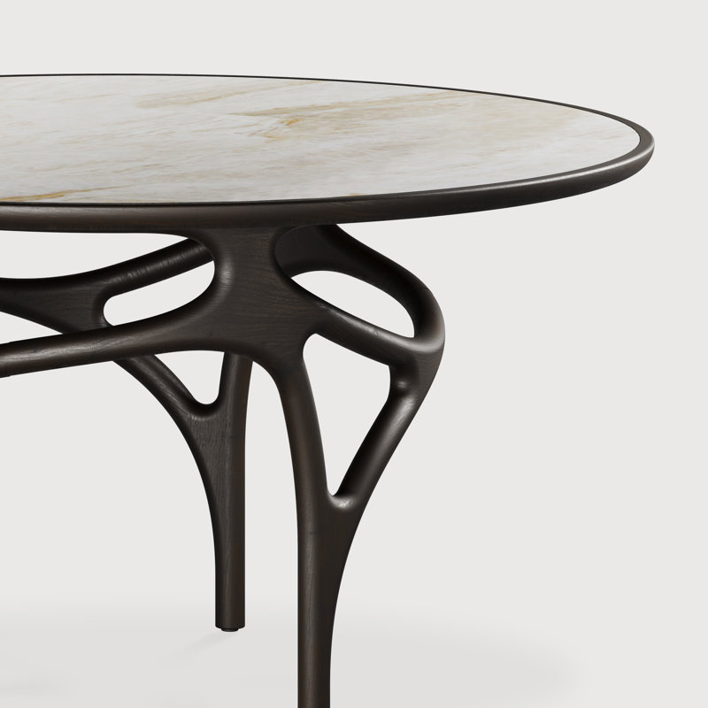 Cena dining table - varnished teak - dark brown - beige quartzite top - round, White/Black, Quartzite