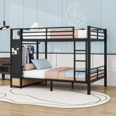 Metal Bunk Bed With 2 Drawers, Storage Shelves And Pegboard