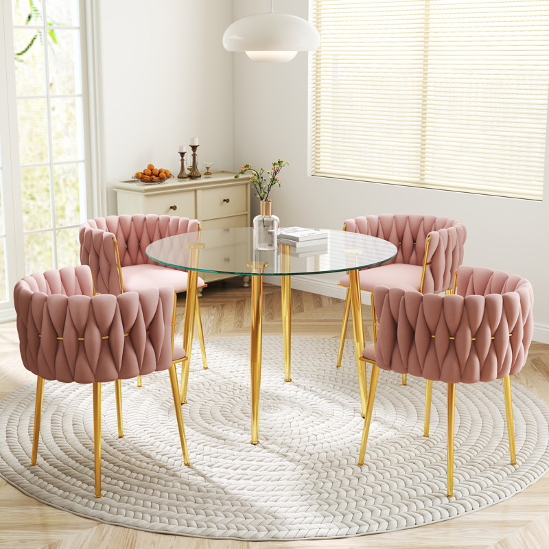 Ensemble de salle à manger rond en verre trempé avec chaise tissée, 5, Rose/Or, Doré