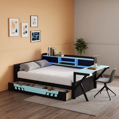 Lit de jour en bois avec bureau, bibliothèque, tiroirs de rangement, éclairage DEL et station de charge