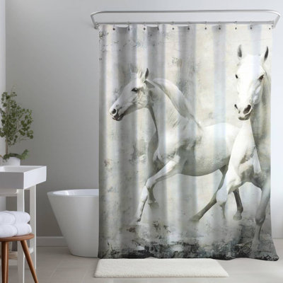 Western Bedroom White – Two White Horses – Polyester Shower Curtain, Dye Sublimation Print, 71" W × 74" L