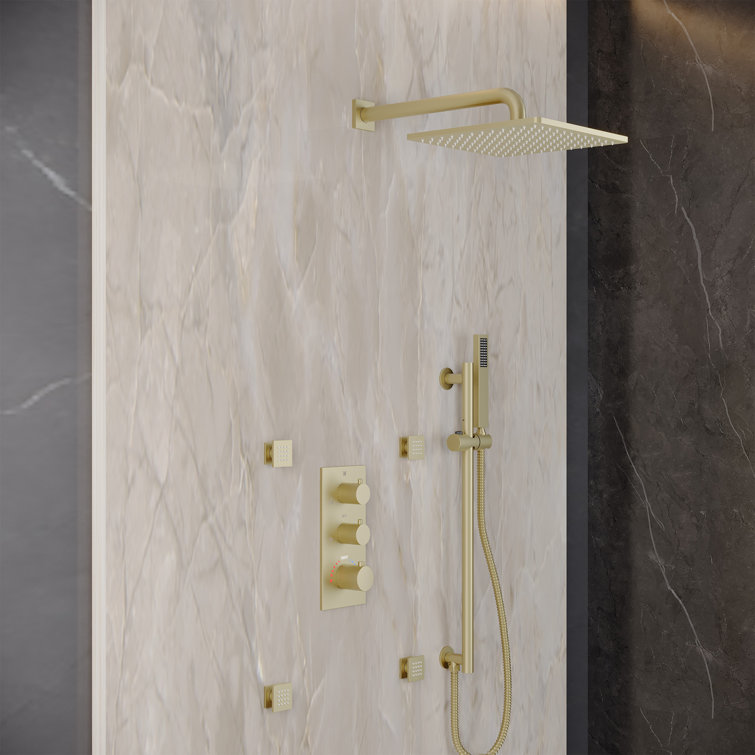 SlideLux 3-Function 12" Thermostatic Complete Rainfall Shower System with 4 Body Jets and Slide Bar