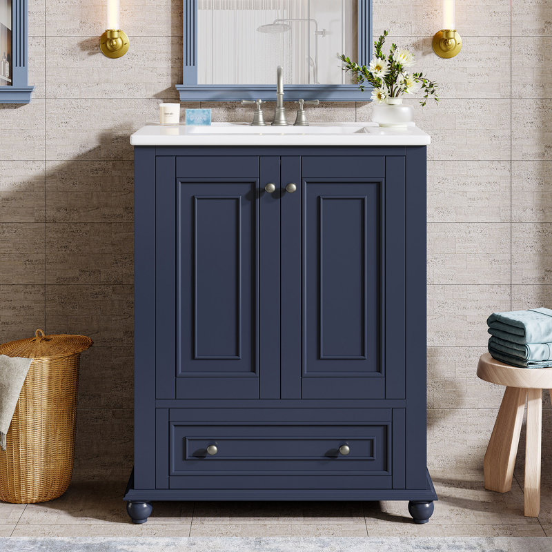 24" Modern Freestanding Solid Wood Bathroom Vanity, Sink Included, Blue, 24"