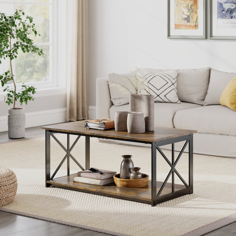 Lionel 37.8" Square Coffee Table With 2-Tier Storage Shelves, Brown