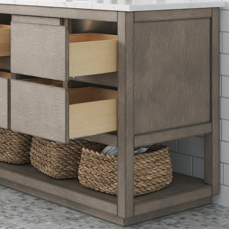 Oakman 48 In. Double Sink Carrara White Marble Countertop Bath Vanity In Grey Oak With Rectangular Mirror