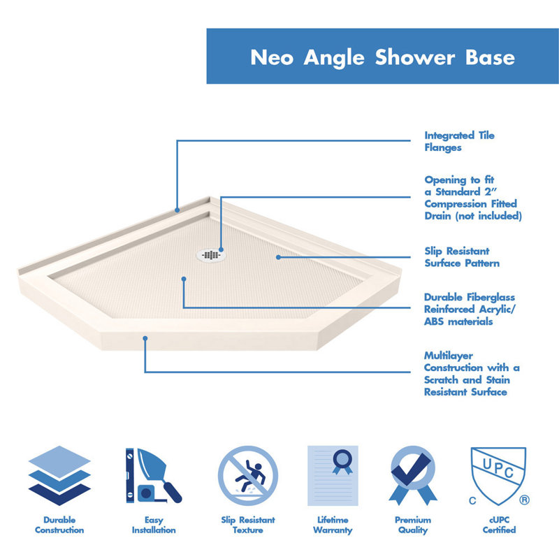 Base de douche néo-angulaire en biscuit DreamLine, Biscuit, L 36 po x L 36 po