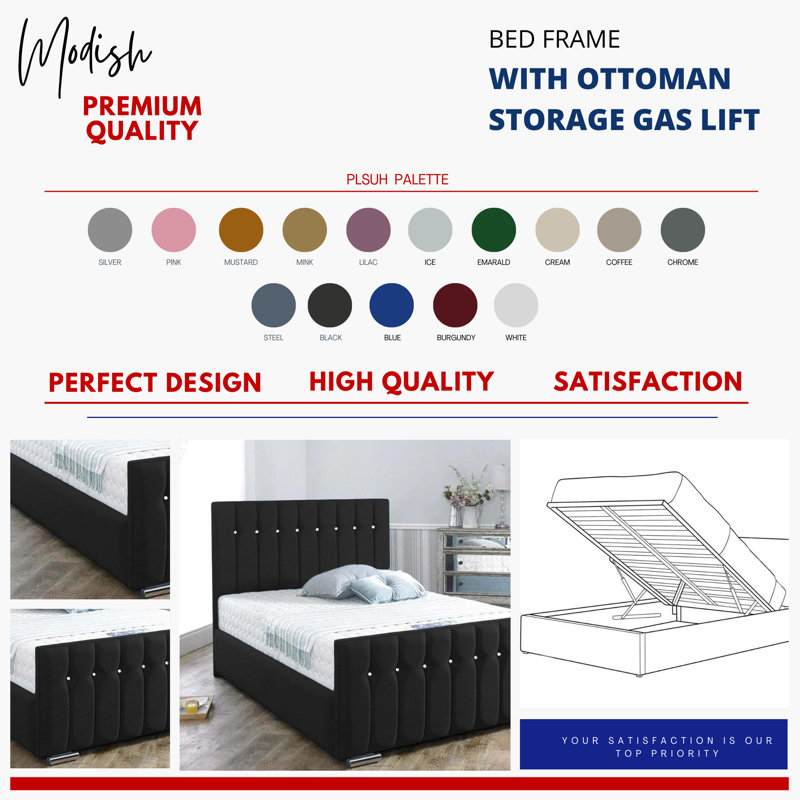 Upholstered Ottoman Storage Bed, Black, Super King (6')