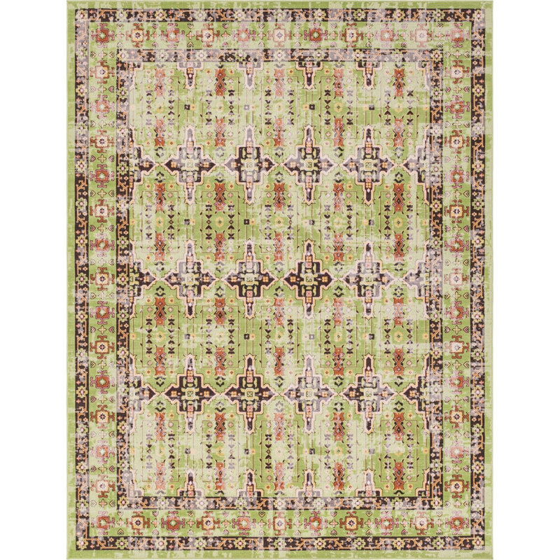 Tapis géométrique vert clair, Rectangle 7 pi 10 po x 10 pi