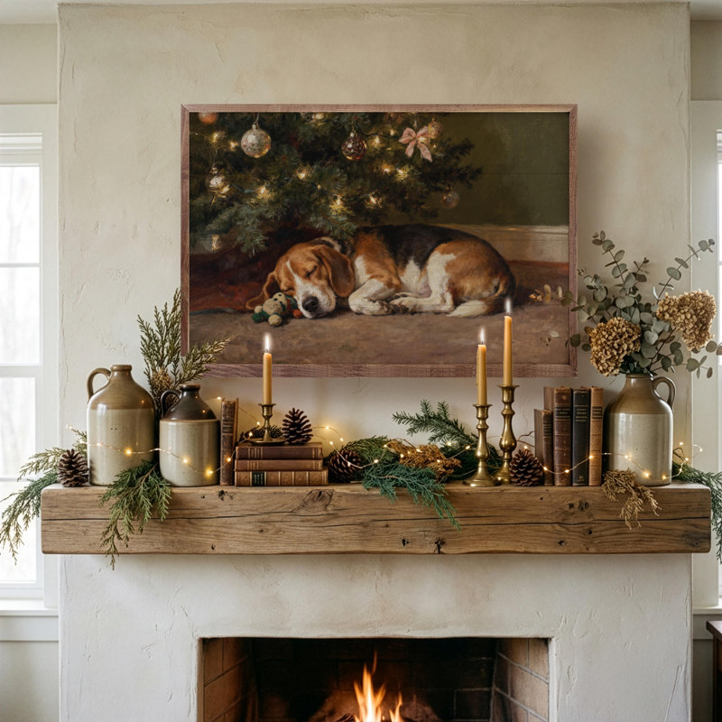 Beagle sous l'arbre de Noël, H 5 po x l 8 po
