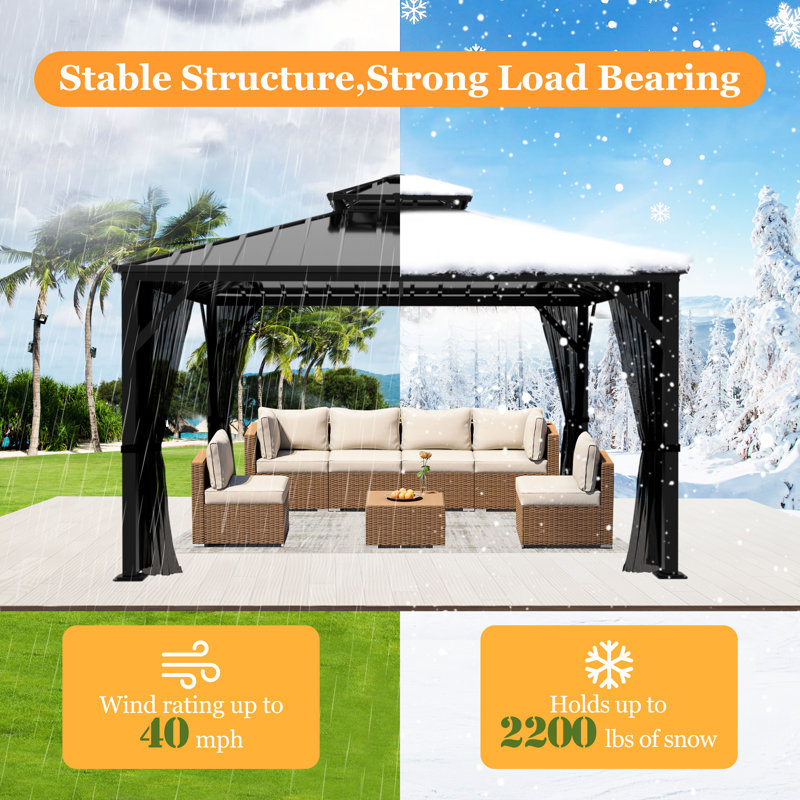 Hardtop Double-Roofed Aluminum Patio Gazebo Multiple Sizes, 113.03" H x 144" W x 120" D