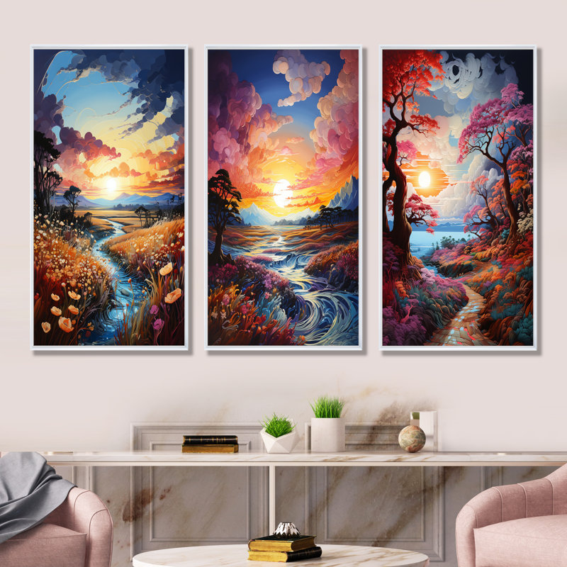 «Sunset Skies Of Wonder Fields», ensemble de 3 reproductions d'art mural ciel, Cadre flottant blanc, H 40 po x l 60 po