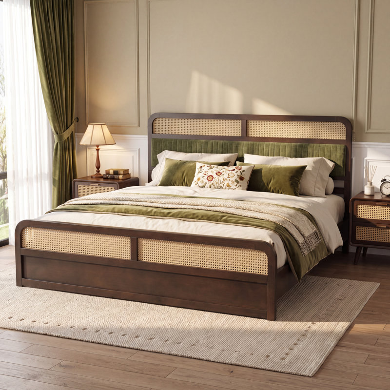 Lit plateforme en bois de style moderne du milieu du siècle Tavin avec tête de lit en rotin et capitonnée, cadre arrondi pour chambres à l'ambiance feutrée