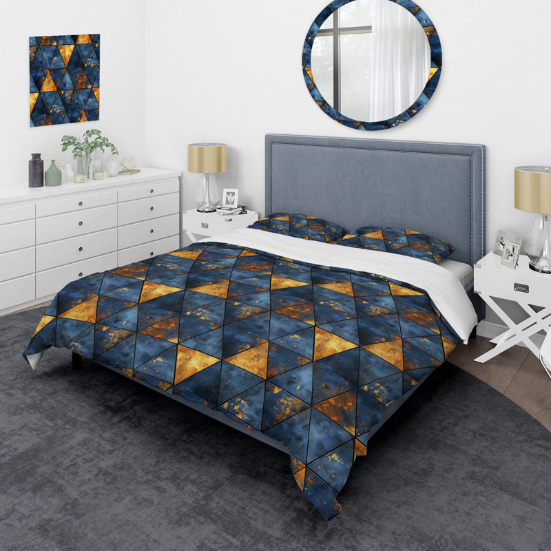 Blue Gold Modern Glam Triangles II - Modern Duvet Cover Set, King Duvet Cover + 2 King Shams