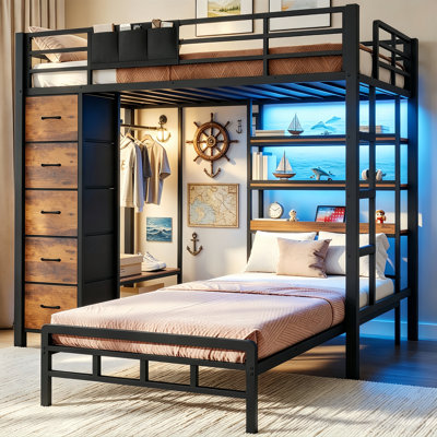 Bunk Bed Twin Over Twin with Hall Tree and Storage Bookcase Shelves Headboard