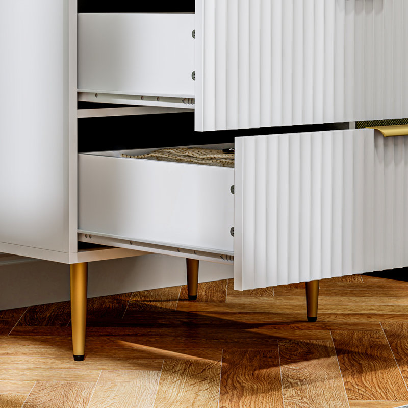 Commode 4 tiroirs pour commode de chambre à coucher Poignées et pieds dorés, Blanc