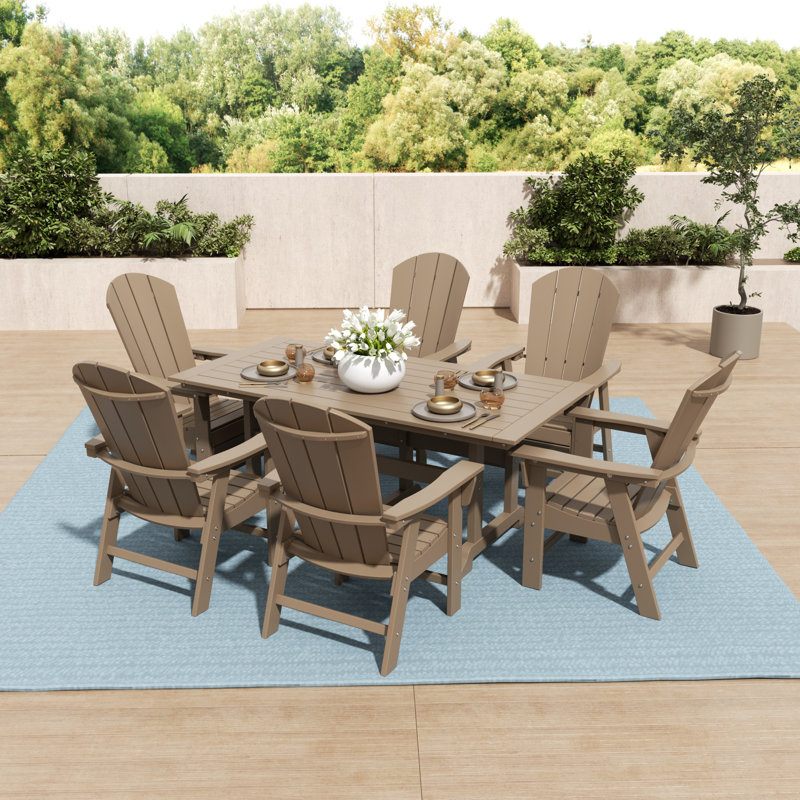 Aleera 7-Piece Plastic Dining Set with Umbrella Hole, Weathered Wood