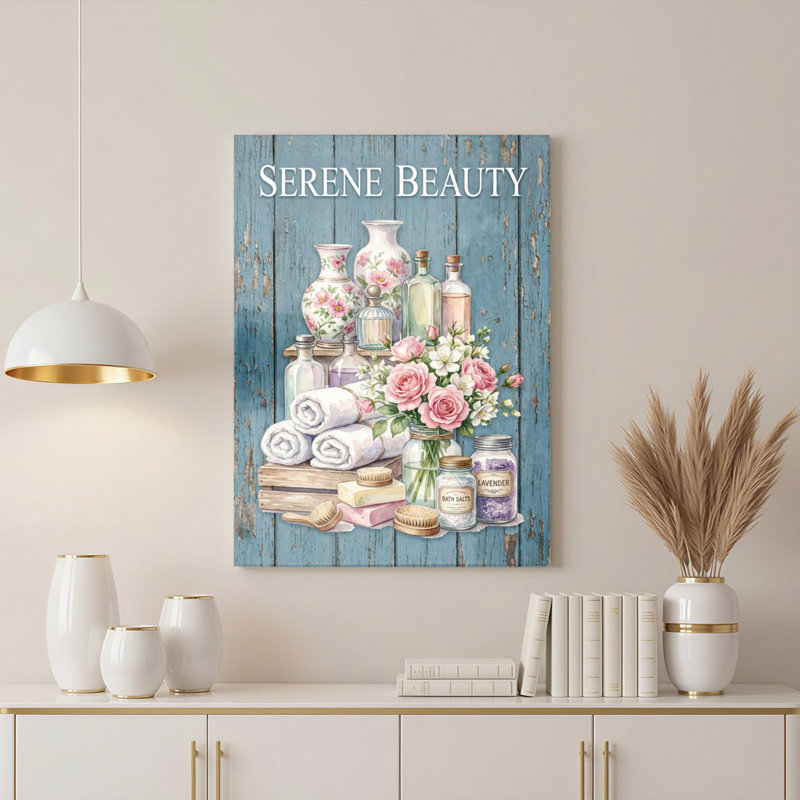 Ensemble de 1 tableau sur toile tendue représentant des fleurs et des accessoires de bain, intitulé « Beauté sereine ».