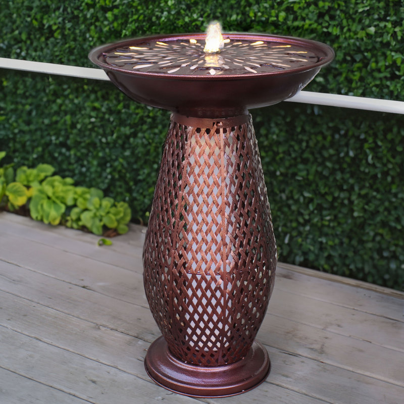 Brown Metal Crosshatch Bird Bath Fountain with LED Lights