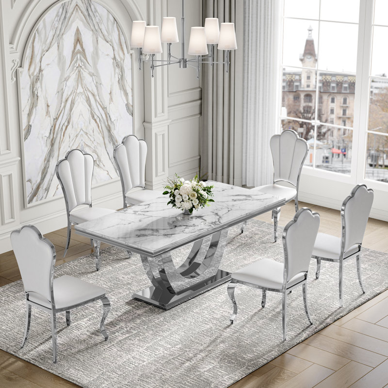 7-Piece Dining Table Set, Marble Veneer MDF Table with 6 Faux Leather Dining Chairs – Modern Dining Room Furniture
