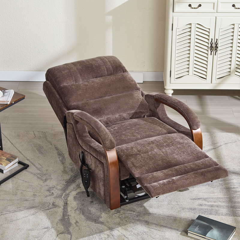Aura Dual Motor Power Lift Chenille 180° Recliner With Wooden Armrests, Heated Massage, Side Pockets, Brown