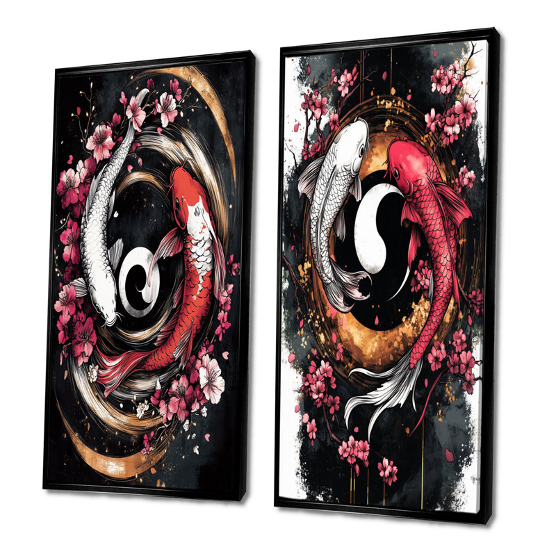 Ensemble d'art mural 2 pièces Sakura Yin et Yang Koi Pond I - Kois Fish, H 40 po x l 40 po, Impression encadrée