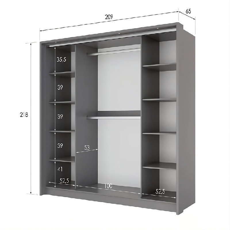 Manufactured Wood Wardrobe, 219xm H x 210cm W x 65cm D, Grey