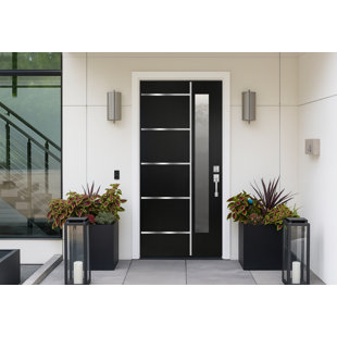 36 In. X 80 In. Inswing Right Black Fibreglass Entry Door With Frost Glass