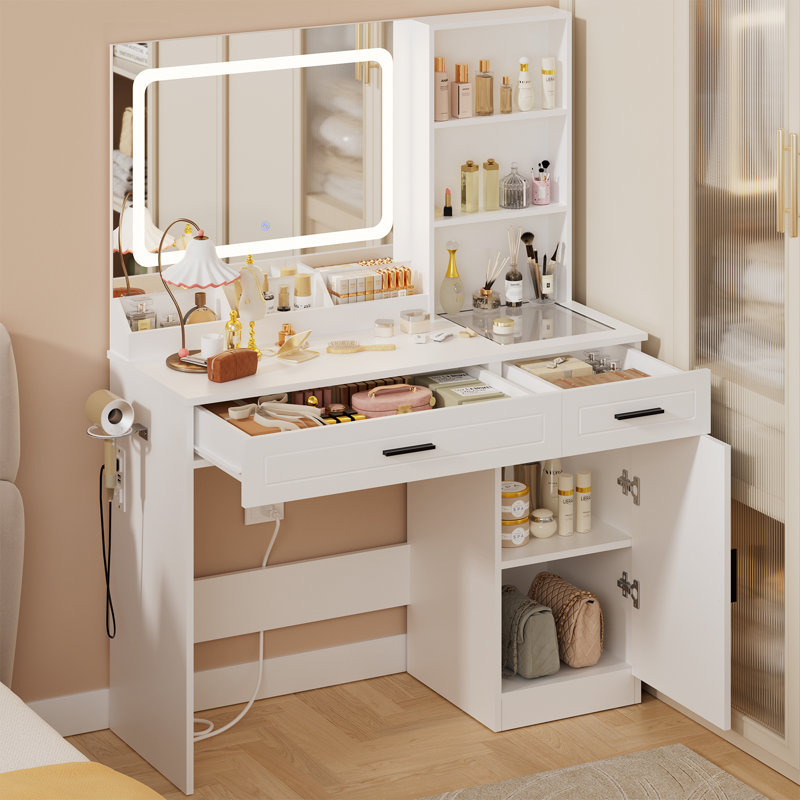 Meuble-lavabo de maquillage avec miroir lumineux à 3 couleurs et prise de courant