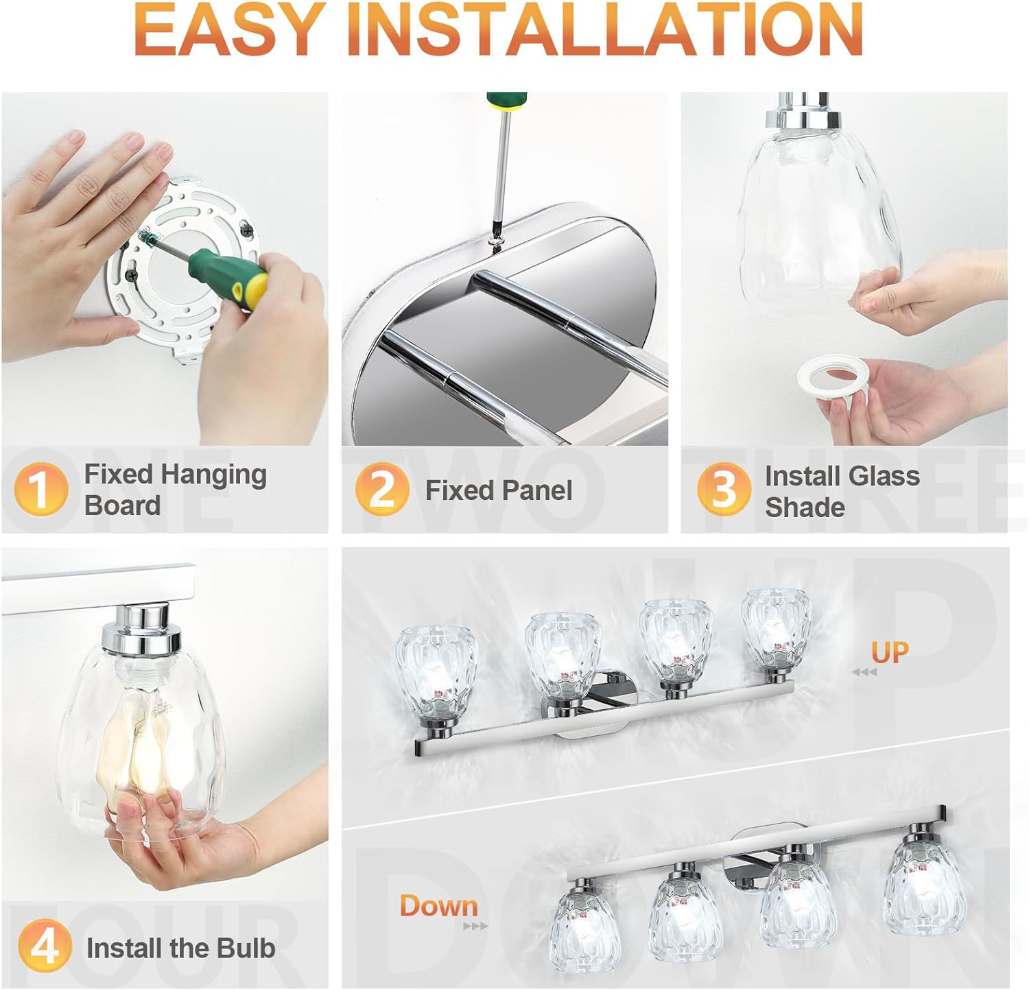 Bathroom Light Fixtures, Chrome Vanity Light Fixtures Over Mirror Wall Mount Lighting Fixture Hammered Glass Shade E26 Socket Hallway Kitchen Bedroom Living