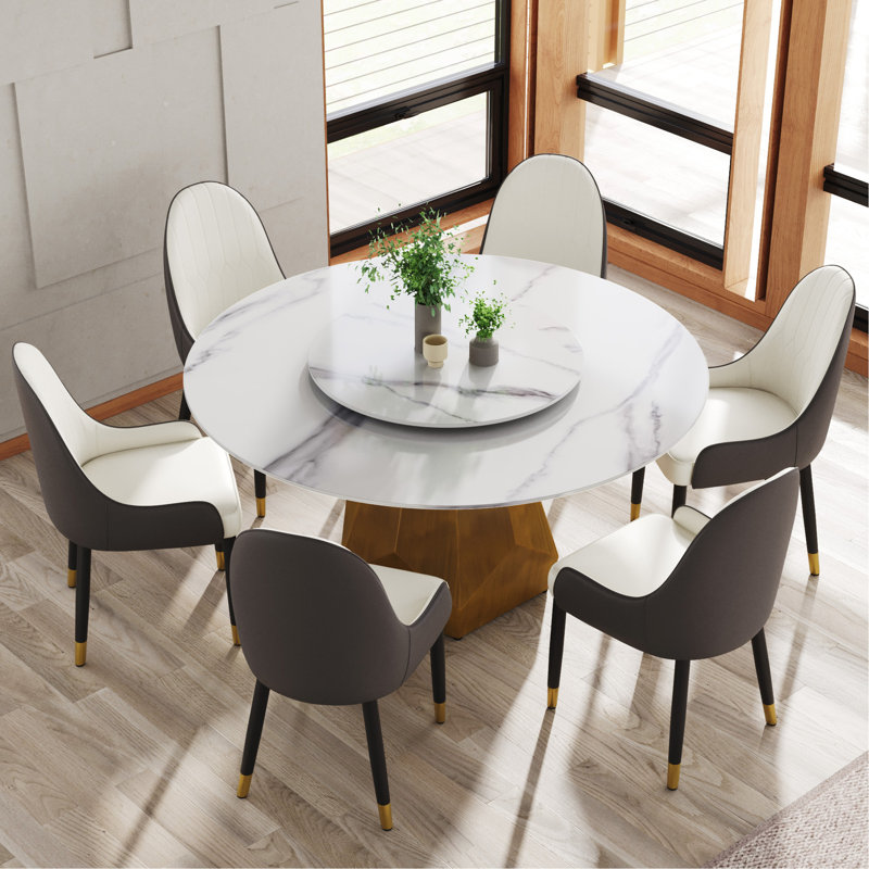 Table de salle à manger 59,05 po ronde en marbre avec base en métal, marbre artificiel pour 6 à 8 personnes, table tournante en pierre artificielle blanche 31,5 po, avec 6 chaises
